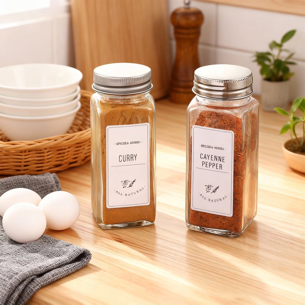 24 Pcs Glass Spice Jars/Bottles - 4Oz Empty Square Spice Containers with 8 Spice Labels - Shaker Lids and Airtight Metal Caps