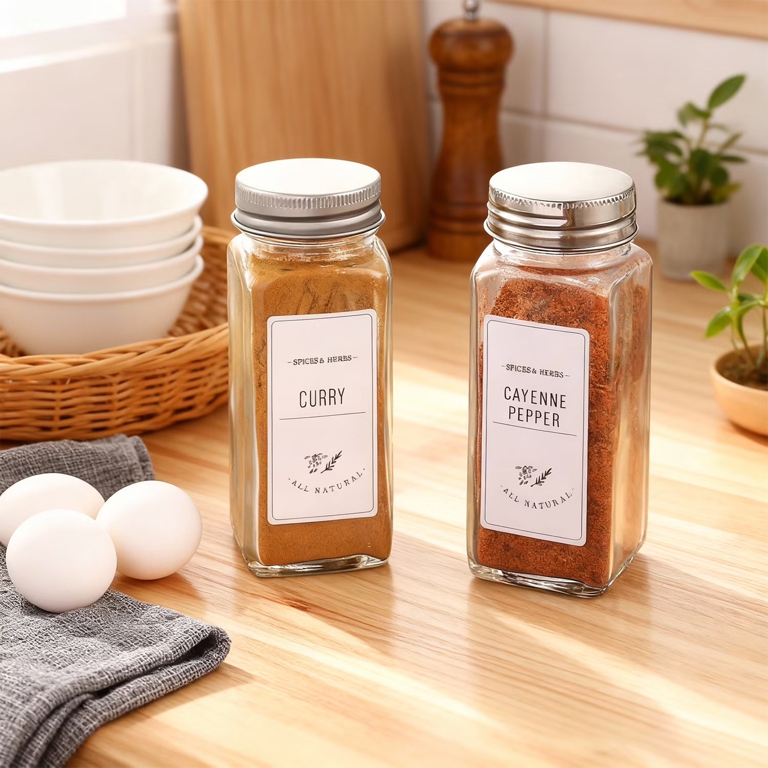 24 Pcs Glass Spice Jars/Bottles - 4Oz Empty Square Spice Containers with 8 Spice Labels - Shaker Lids and Airtight Metal Caps