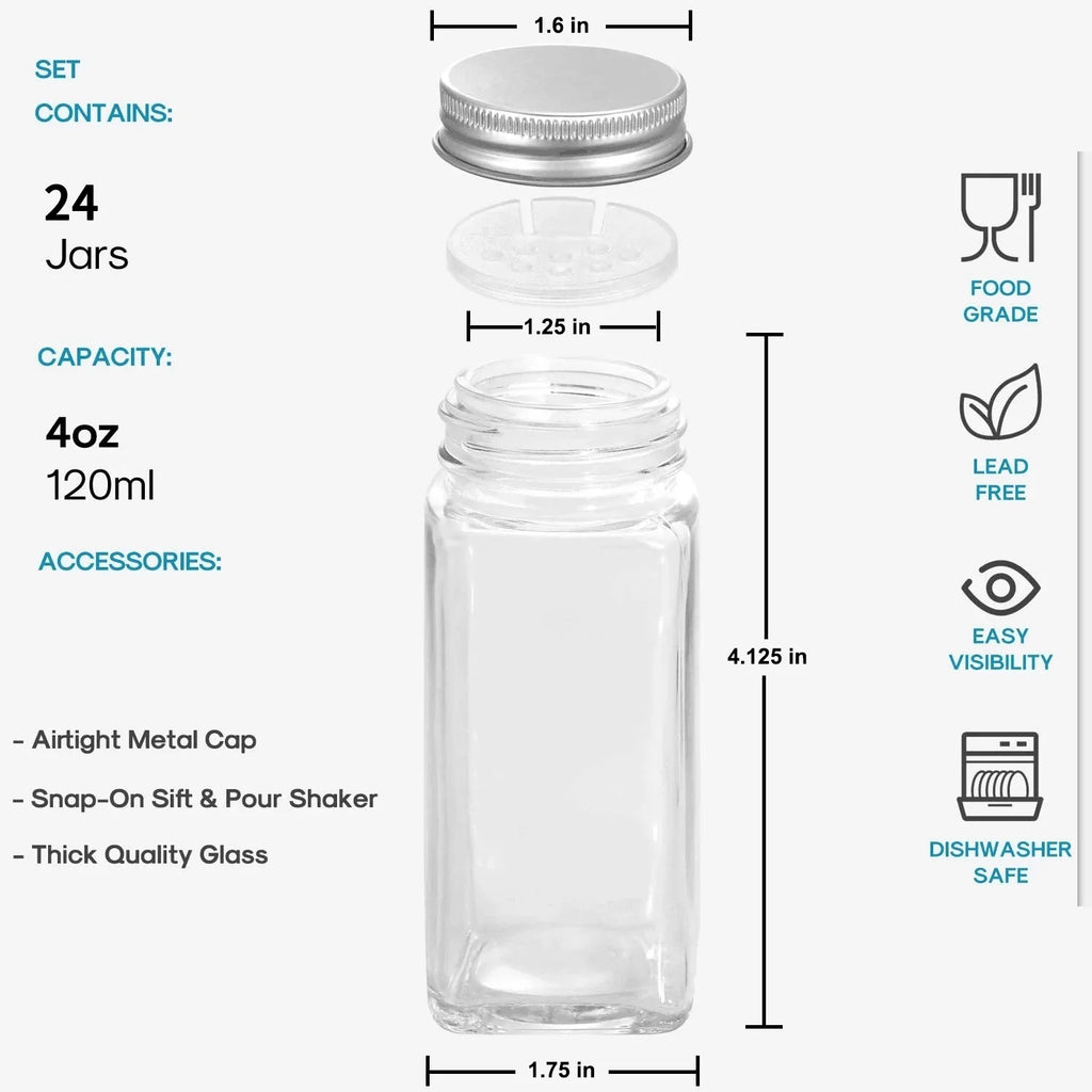 24 Pcs Glass Spice Jars/Bottles - 4Oz Empty Square Spice Containers with 8 Spice Labels - Shaker Lids and Airtight Metal Caps