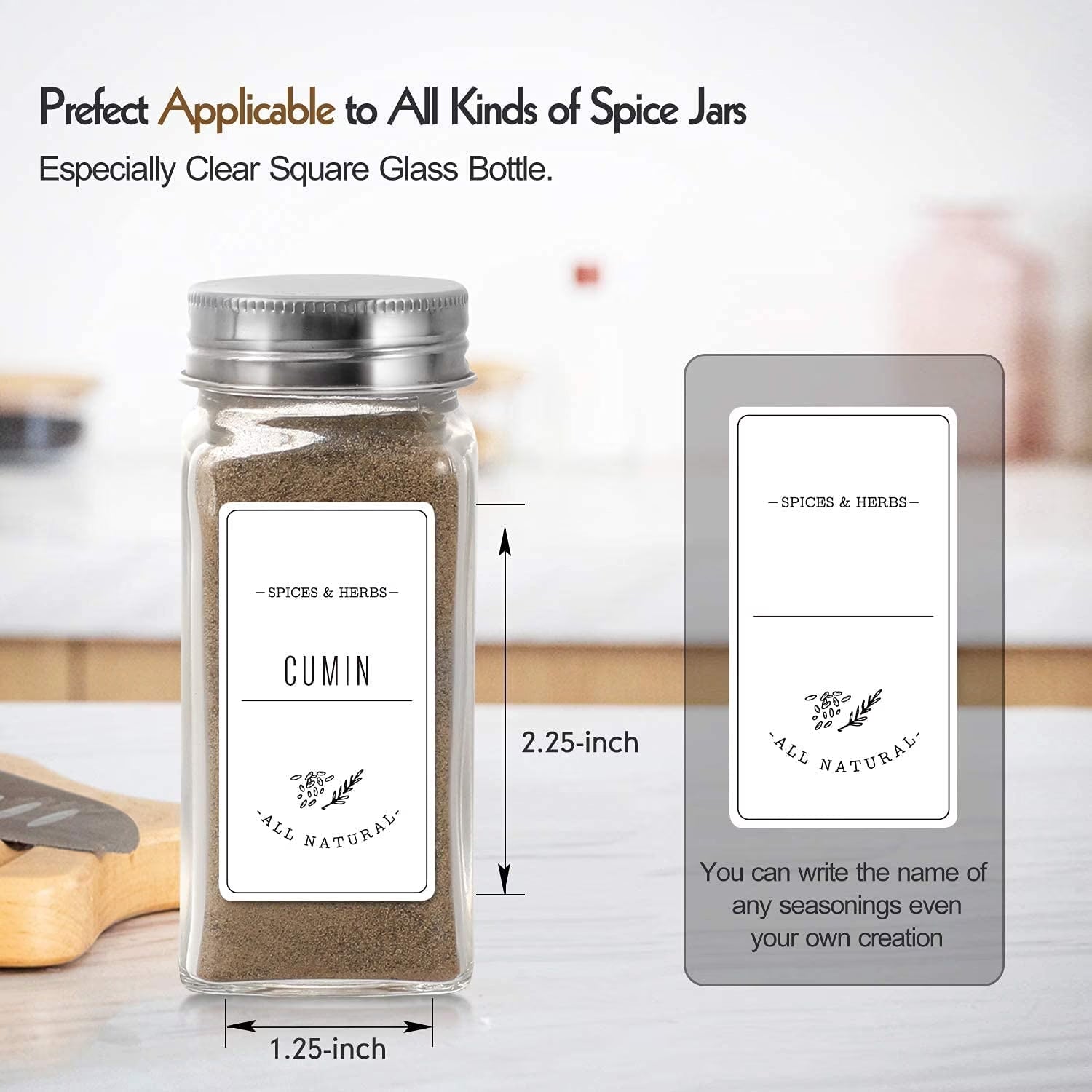 24 Pcs Glass Spice Jars/Bottles - 4Oz Empty Square Spice Containers with 8 Spice Labels - Shaker Lids and Airtight Metal Caps