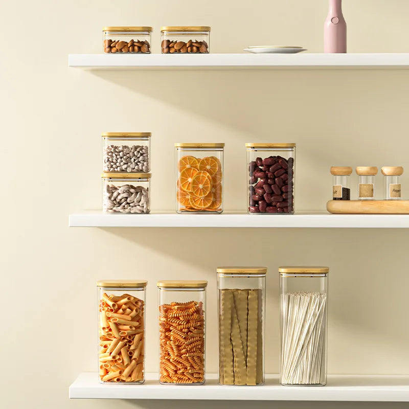 1100ML Square Sealed Plastic Food Jar Bamboo Cover Kitchen Cereal Jar Storage Box Transparent Tea Storage Jar Kitchen Supplies