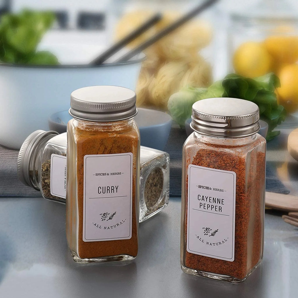 24 Pcs Glass Spice Jars/Bottles - 4Oz Empty Square Spice Containers with 8 Spice Labels - Shaker Lids and Airtight Metal Caps