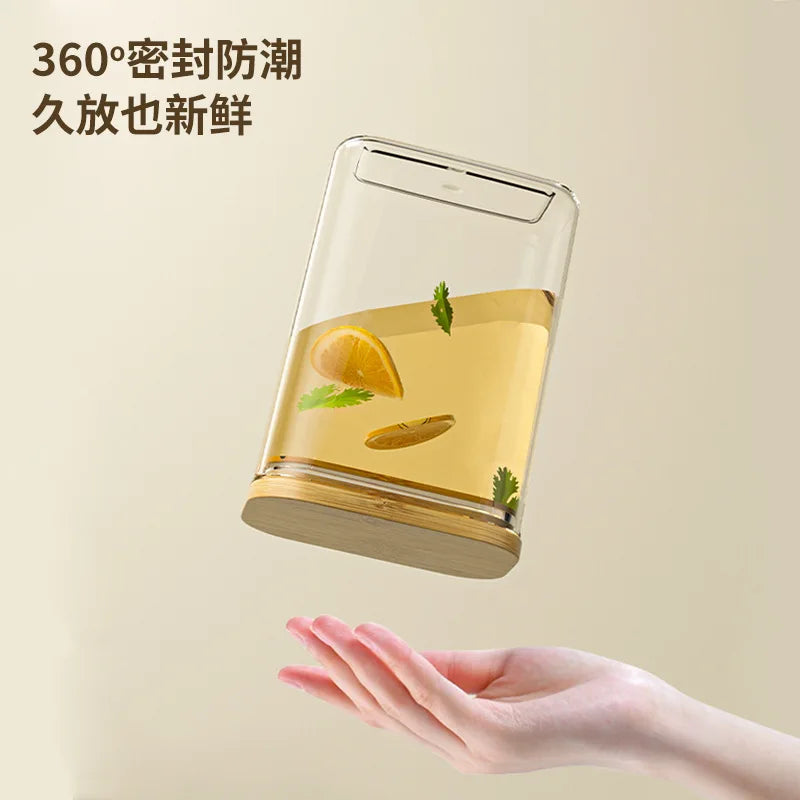 1100ML Square Sealed Plastic Food Jar Bamboo Cover Kitchen Cereal Jar Storage Box Transparent Tea Storage Jar Kitchen Supplies