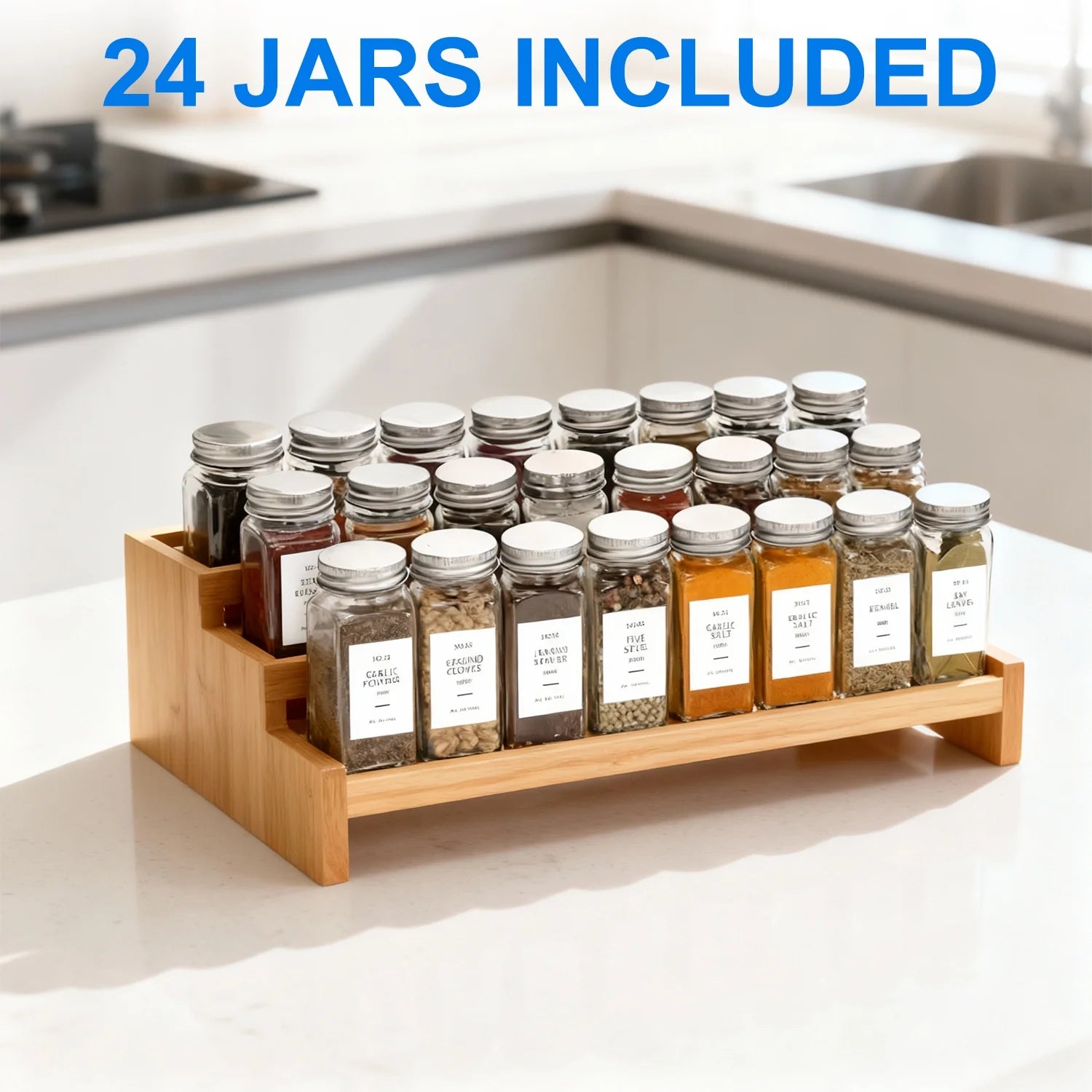 24 Pcs Glass Spice Jars/Bottles - 4Oz Empty Square Spice Containers with 8 Spice Labels - Shaker Lids and Airtight Metal Caps