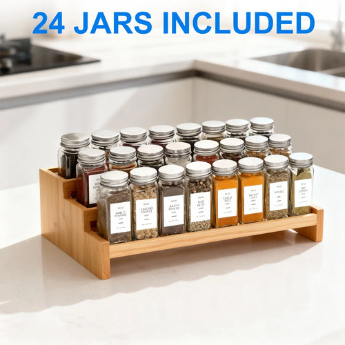 24 Pcs Glass Spice Jars/Bottles - 4Oz Empty Square Spice Containers with 8 Spice Labels - Shaker Lids and Airtight Metal Caps