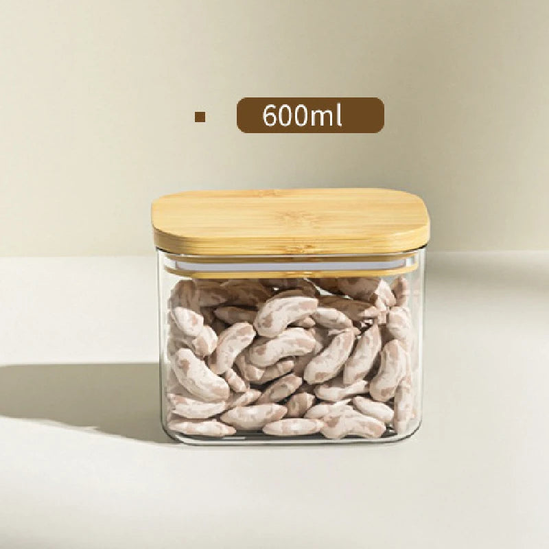 1100ML Square Sealed Plastic Food Jar Bamboo Cover Kitchen Cereal Jar Storage Box Transparent Tea Storage Jar Kitchen Supplies