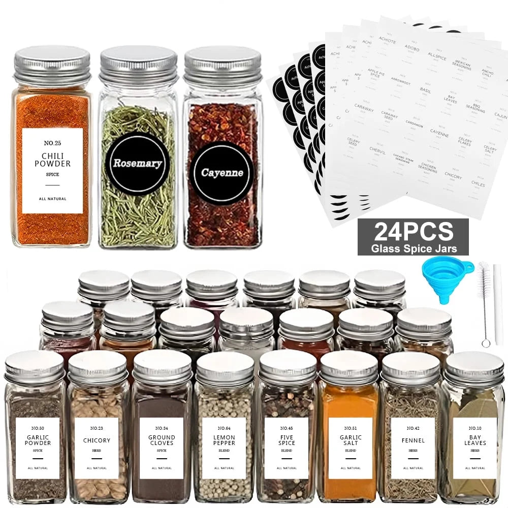 24 Pcs Glass Spice Jars/Bottles - 4Oz Empty Square Spice Containers with 8 Spice Labels - Shaker Lids and Airtight Metal Caps