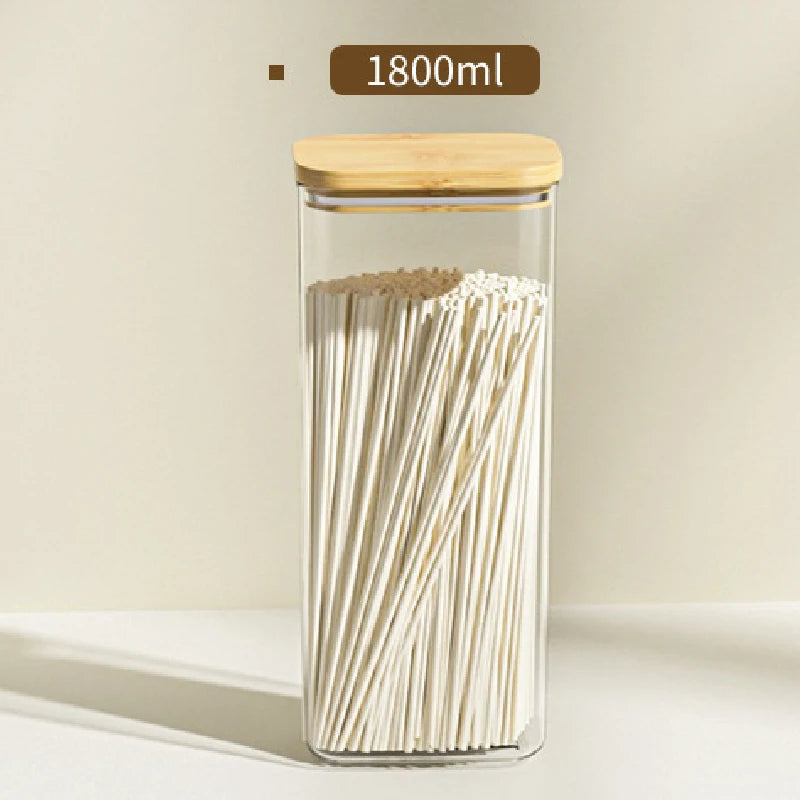 1100ML Square Sealed Plastic Food Jar Bamboo Cover Kitchen Cereal Jar Storage Box Transparent Tea Storage Jar Kitchen Supplies