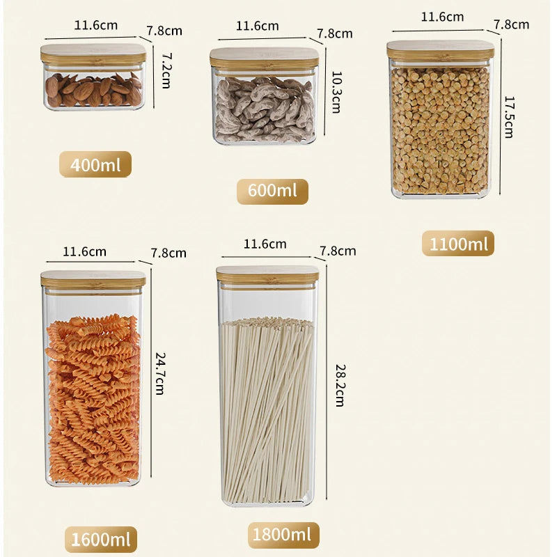 1100ML Square Sealed Plastic Food Jar Bamboo Cover Kitchen Cereal Jar Storage Box Transparent Tea Storage Jar Kitchen Supplies