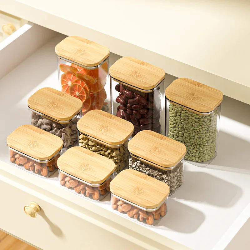 1100ML Square Sealed Plastic Food Jar Bamboo Cover Kitchen Cereal Jar Storage Box Transparent Tea Storage Jar Kitchen Supplies