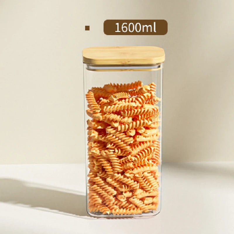 1100ML Square Sealed Plastic Food Jar Bamboo Cover Kitchen Cereal Jar Storage Box Transparent Tea Storage Jar Kitchen Supplies