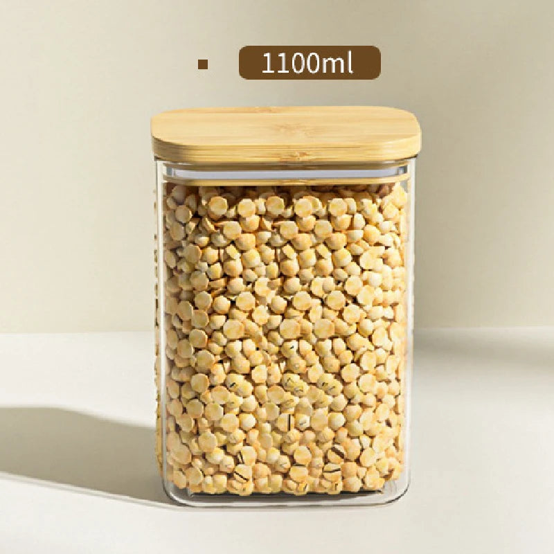 1100ML Square Sealed Plastic Food Jar Bamboo Cover Kitchen Cereal Jar Storage Box Transparent Tea Storage Jar Kitchen Supplies